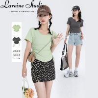 LAREINE เสื้อยืดแขนสั้นคอวีสีทึบสั้นของผู้หญิง,เสื้อเอวสูงแฟชั่นใหม่สำหรับเด็กผู้หญิงใส่ในฤดูร้อน