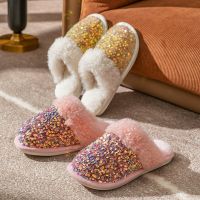 Bling Sequins Home Fur Slippers Women Winter Keep Warm Plush Flat Cotton Shoes Woman Indoor Bedroom Soft Sole Fluffy Slippers