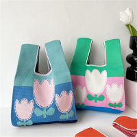 Flexible Niche Design Reusable Female Thick Fabric Knitted Handbag Shopping Bags Tulip Flower