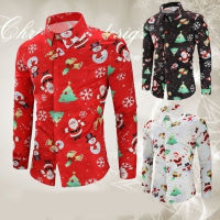 hang qiao shop Christmas Print Lapel Long Sleeve Mens Shirt Top