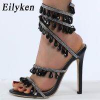 Eilyken รองเท้าผู้หญิงสำหรับใส่ในงานเลี้ยงส้นสูงแบบเข็ม,รองเท้าสำหรับใส่ในไรน์สโตนคริสตัลแฟชั่นฤดูร้อน Sals แบบมีสายรัดสำหรับรองเท้าแตะเปิดเท้า