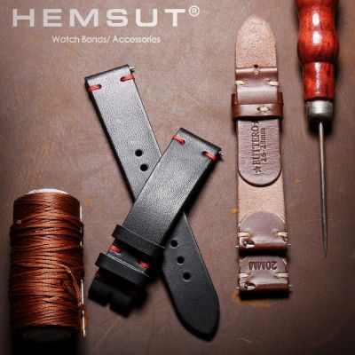 สายนาฬิกาหนัง HEMSUT สำหรับผู้ชายสายนาฬิกาแฮนด์เมดบัตเตอร์โรอิตาเลียนแบบปลดเร็วห่อแบบย้อนยุคขนาด18มม. 20มม. 22มม.