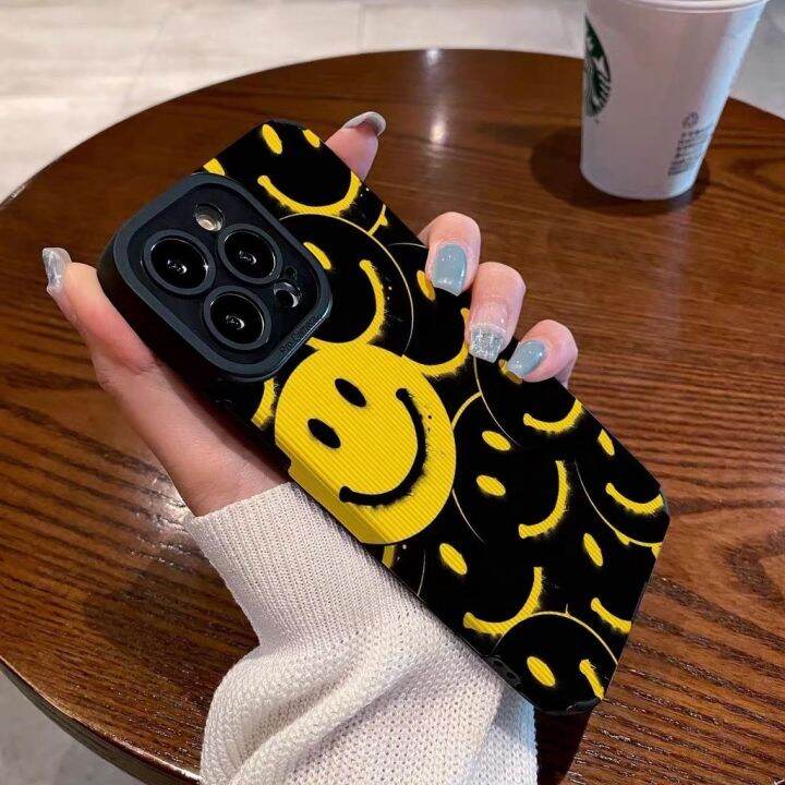 เคสโทรศัพท์มือถือหนังแกะ-แบบนิ่ม-ลายหน้ายิ้ม-สีเหลือง-สําหรับ-iphone-11pro-14-12-13-6-7-8plus-x