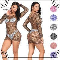 เสื้อแขนยาวตาข่าย WANGU ชุดชั้นในสตรีชุดตาข่ายเต็มตัวชุดราตรีกลวงออก Fishnet