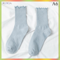 RUASA ถุงเท้า ruffle น่ารักผ้าฝ้ายแฟชั่นญี่ปุ่นสบายๆอเนกประสงค์ Womens CREW Neck SOCKS