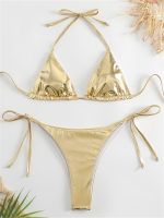 【CC】Sexy Brozing Gold Bikini Set Women Solid Push Up Micro Swimsuit 2023 Brazilian Beach Bathing Suit Tie Side Triangle Swimwear