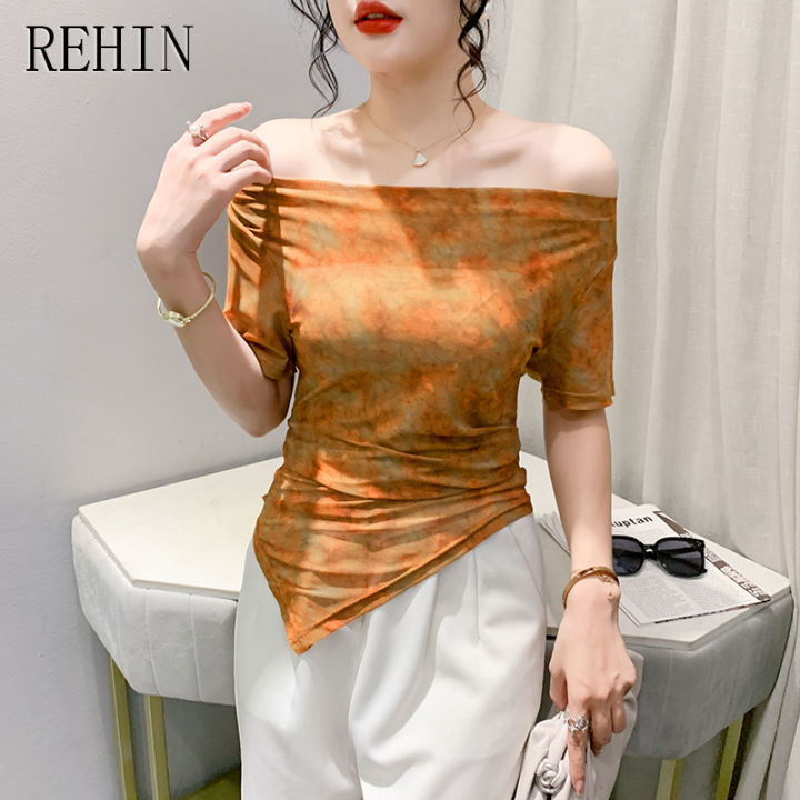 rehin-เสื้อยืดผู้หญิงแขนสั้นพิมพ์ลายหมึก-เสื้อไม่เหมือนใครแฟชั่นใหม่ฤดูร้อน