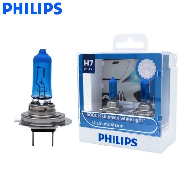 H7 Philips 12V 55W Lampu Asli หลอดฮาโลเจน Mobil Putih Penglihatan 5000K Lampu Terang Asli Bohlam Otomatis 12972DVS2 Pasangan