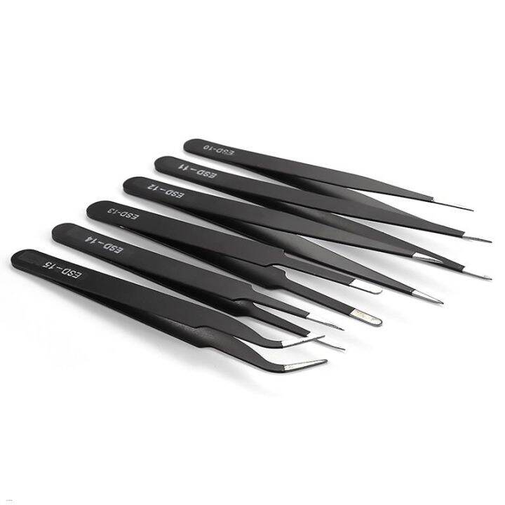 6pcs-set-esd-curved-fine-tip-anti-static-tweezers-set-stainless-steel-multifunction-tweezer-repairing-hand-tools-for-card-making