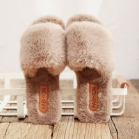 Women Fashion Fluffy Slippers Winter Warm Cozy Faux Fur Cross Indoor Floor Slides Ladies Flat Soft Flip Flops Shoes Woman 2021