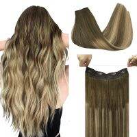 Natural Human Hair Extensions Invisible Wire Hair Extensions Straight Golden Blonde Balayage Remy Fishing Line with 4 Clips