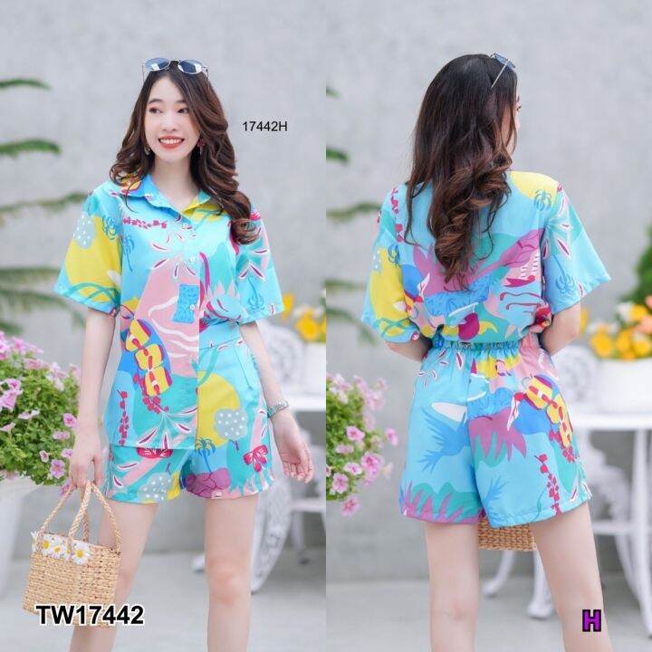 tw17442-set-2-ชิ้น-เสื้อเชิ้ตแขนสั้นพิมลาย-กางเกงขาสั้น