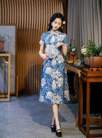 เซ็กซี่ Lotus พิมพ์ Jacquard ซาติน A-Line Cheongsam Elegant R ผู้หญิง Handmade ปุ่ม Qipao จีนทุกวัน Dress