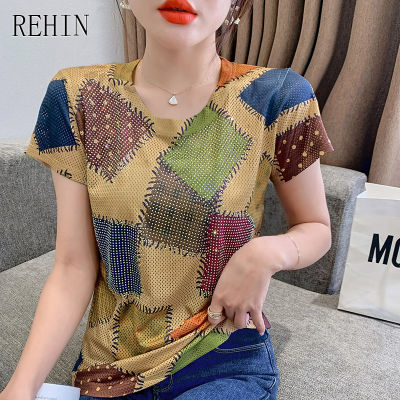 REHIN เสื้อยืดคอกลมแขนสั้นสำหรับผู้หญิง,พิมพ์ลายแฟชั่นใหม่สไตล์ยุโรปสุดสร้างสรรค์