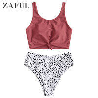 ZAFUL Knot Animal Print Tankini Swimsuit Dalmatian Print High Waisted Bikinis Set Leopard Dot Swimwears Sexy Women Bathing Suit