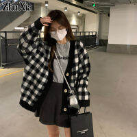 Zhu Xia เสื้อสเวตเตอร์ถักคอวี,เสื้อสเวตเตอร์ทำด้วยขี้ผึ้งอ่อนนุ่มผู้หญิงเวอร์ชั่นภาษาเกาหลีลายหมากรุกสีกาแฟ