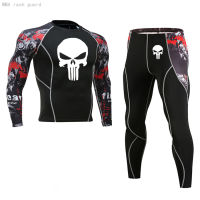 2021 Sports suit Skull Training Set Running shirt Man Warm Winter leggings Compression pants T shirt Gym jogging suit