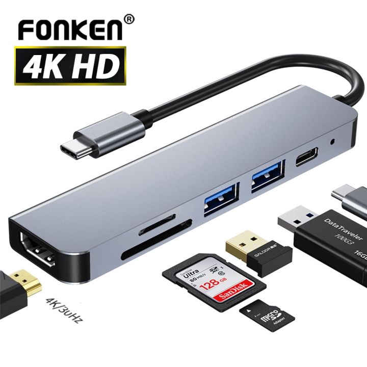 อุปกรณ์เสริมสำหรับศูนย์กลางสำหรับ-macbook-usb-ชนิด-c-3-0-usb-ใช้ได้กับสาย-hdmi-4k-30hz-เครื่องอ่านการ์ดการ์ดความจำฮับต่อพ่วงสำหรับแล็ปท็อปอุปกรณ์เสริม-feona