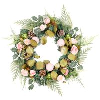 Artificial Christmas Ball Wreath with Rose Flowers Pinecone for Front Door Wall Window Farmhouse Home Decoration