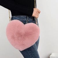 Fashion Womens Heart Shaped Handbags Cute Kawaii Faux Fur Crossbody Bags Wallet Purse Plush Chain Shoulder Bag Lady Handbag