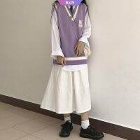 College Style Knitting Sweater Vests V-neck Oversize Loose Fashion Sleeveless Teenager Pullover Cartoon Little Bear Purple Sweater Vests Tops [RAIN]