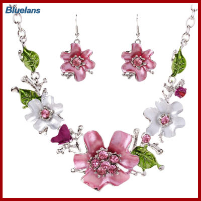 Bluelans®Multicolor ผู้หญิงดอกไม้ rhinestone ฝังจี้สร้อยคอต่างหูชุดเครื่องประดับ