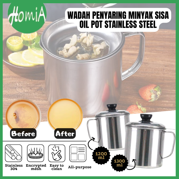 Wadah Saringan Minyak Stainless Steel 13l Oil Pot With Strainer 1300 Ml Gelas Penyaring Minyak 9798