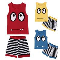 [COD] Childrens European and summer style boy girl sleeveless vest expression top striped two-piece childrens ins