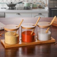 Condiment Spice Jars Glass Seasoning Container with Spoon Wood Lids Food Storage Canister for Salt Tea Sugar