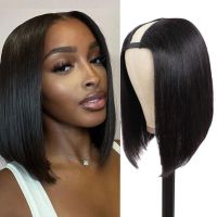 【YD】 Short Straight Bob Wig Human Hair Glueless U Part Wigs Color Clip Half