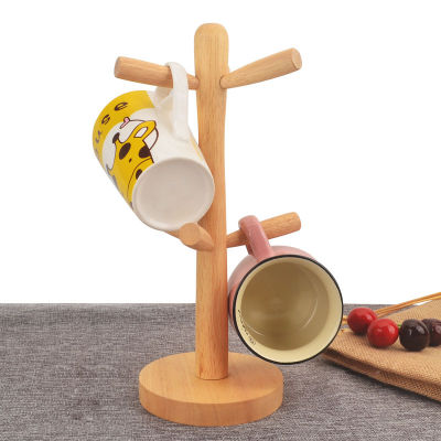 Mug Holder Tree Shelving Rubber Wood Detachable Hanging Shelvng Stand 6 Storage Hooks Dryer Drinkware Rack Wooden Cup