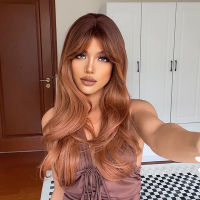 Hot ALAN EATON Auburn Layered Wig With Bangs Long Curly Wavy Wig For Women วิกผมขิงสังเคราะห์สำหรับปาร์ตี้ประจำวันผมทนความร้อน