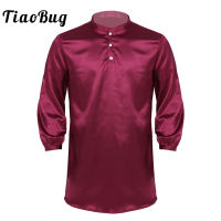 TiaoBug Men Nightshirt Silky Satin Nightwear Button Down Round Neck Long Sleeve Solid Color Pajamas Loose Bathrobe Sleepwear