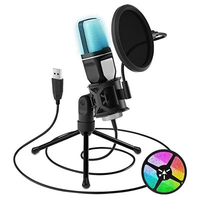 RGB USB Condenser Microphone Cardioid Gaming Microphone with Shock Absorption Mounted Filter