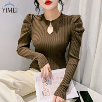 YIMEI เสื้อสตรีสไตล์เกาหลี,เสื้อกันหนาวแฟชั่นถักมีรูคอกลมพอง2023ฤดูใบไม้ร่วง/ฤดูหนาว