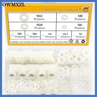 OWMXZL 600Pcs M2 M2.5 M3 M4 M5 M6 M8 M10 M12 เครื่องซักผ้าไนลอน สีขาวขาว กลมกลมๆ ชุดแยกเครื่องซักผ้าแบน ทนทานต่อการใช้งาน 9ขนาด ตัวเว้นระยะแหวนรองพลาสติก การเชื่อมต่อไฟฟ้า