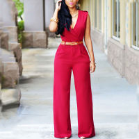 Summer Wide Leg Jumpsuit Women Overalls One Piece Jumpsuit Ladies Rompers V-neck Overalls For Women With Belt