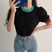 Estilo coreano magro malha tops camisola feminina verão fino o pescoço casual blusas womens contraste cor manga curta femme