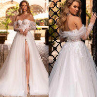 Boho Boat Neck A-Line Wedding Dress 2021 Long Sleeves Lace Split y Backless Tulle Wedding Gowns For Bridal Robe De Mariee