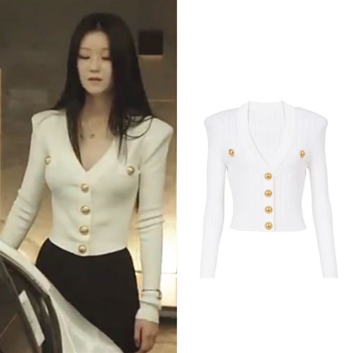 COD joxhz895 Korean Seo Yeaji Eve French Style V-Neck Knitted Cardigan Slim  Long Sleeve Short Top