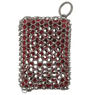 Cast Iron Scrubber 316 Stainless Steel Cast Iron Scrubber with Handle Steel Wool Scrubber Round Chainmail Scrubber Brush to Clean Cookware Frying Pans
