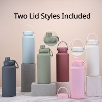 1000Ml Sport Water Bottle Two Lid Stainless Steel Thermos Bottle Portable Outdoor Travel Tumbler With Handle Drinkware 2023 New