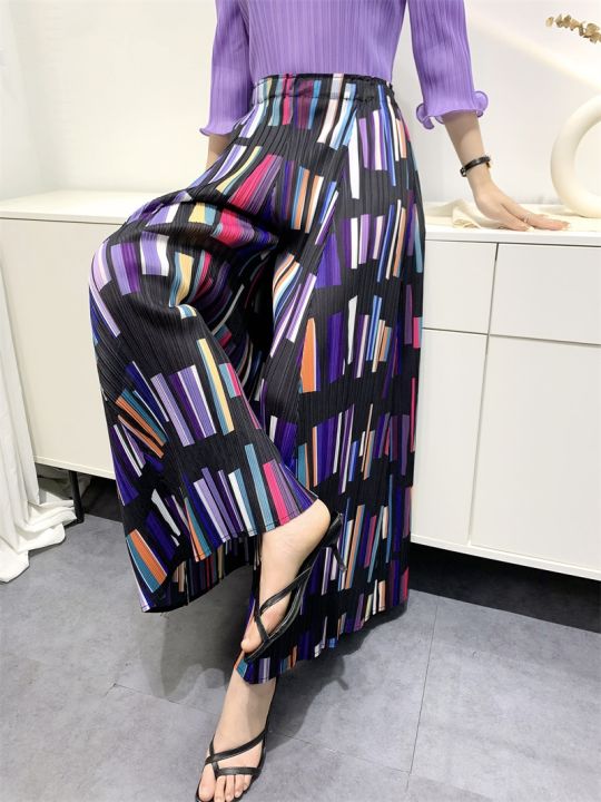 กางเกงอัดพลีทผู้หญิงแถบแนวตั้งพิมพ์กางเกงขากว้างลำลอง-2023-หลวมขนาดใหญ่ผู้หญิง-kk-จีบ