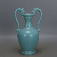 Chinese Song Ru Kiln Porcelain Celadon Glaze Dragon Design Vase 8.70 inch