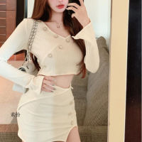 Sweater TVVOVVIN V Neck Tops Hot y Korean Women + Mini Short Skirts Two-piece Suit Set Irregular Fashion White 1P75