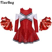 Girls Cheerleading Uniform Dance Costume Long Sleeve Off-shoulder Sequin Cheerleader Dress with Pompoms Set Stage Performance