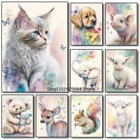 2023☬♘☍ Modern Watercolor Poster Cute Animal Sweet Little Deer and Cat Canvas Printing Painting Childrens Room Wall Art Home Decoration