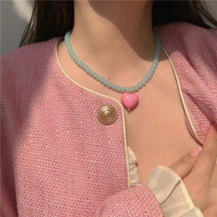 สร้อยคอแฟชั่น-จี้รูปหัวใจ-สีชมพูหวานน่ารักมาก-สีตัดกัน