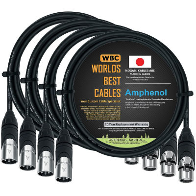 WORLDS BEST CABLES 4 Units - 5 Foot - Quad Balanced Microphone Cable Custom Made Using Mogami 2534 Wire and Amphenol AX3M Male &amp; AX3F Female Silver XLR Plugs