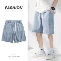 【HOT】☍ Thin Mens Denim Shorts Baggy Straight Fashion Elastic Waist Short Jeans Korean Streetwear Knee Male